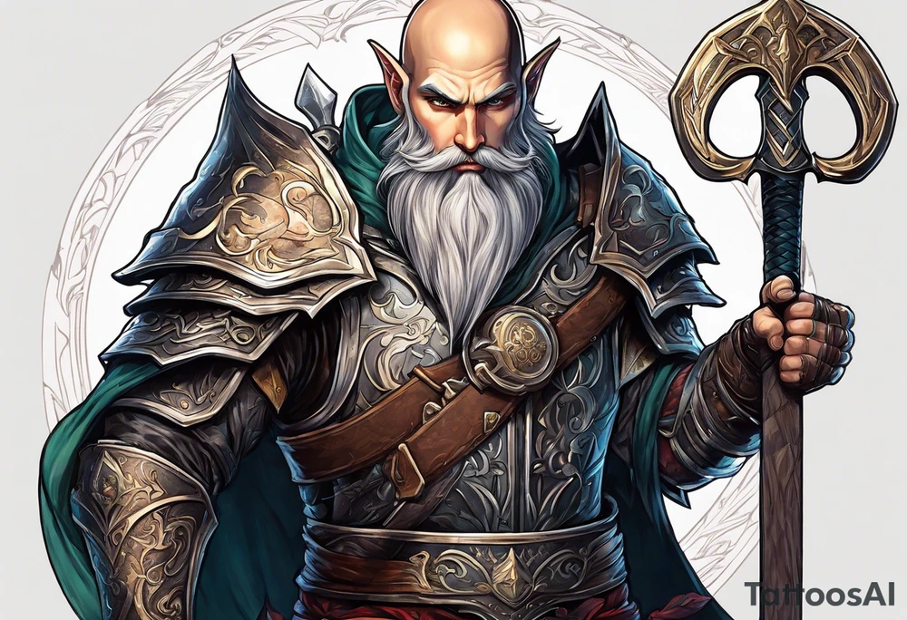 a full-body picture of a 30-year-old, human elf, bearded bald male, paladin, holding a battle axe, tattoo idea