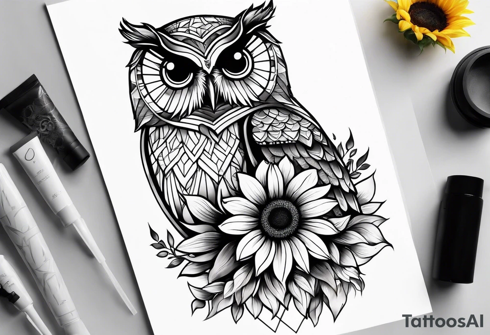 Owl and sunflower sleeve tattoo idea