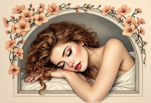 Alfons Mucha’s romantic portrait of a woman with chestnut curls, resting beneath an arched frame of bronze and peach blossoms. tattoo idea