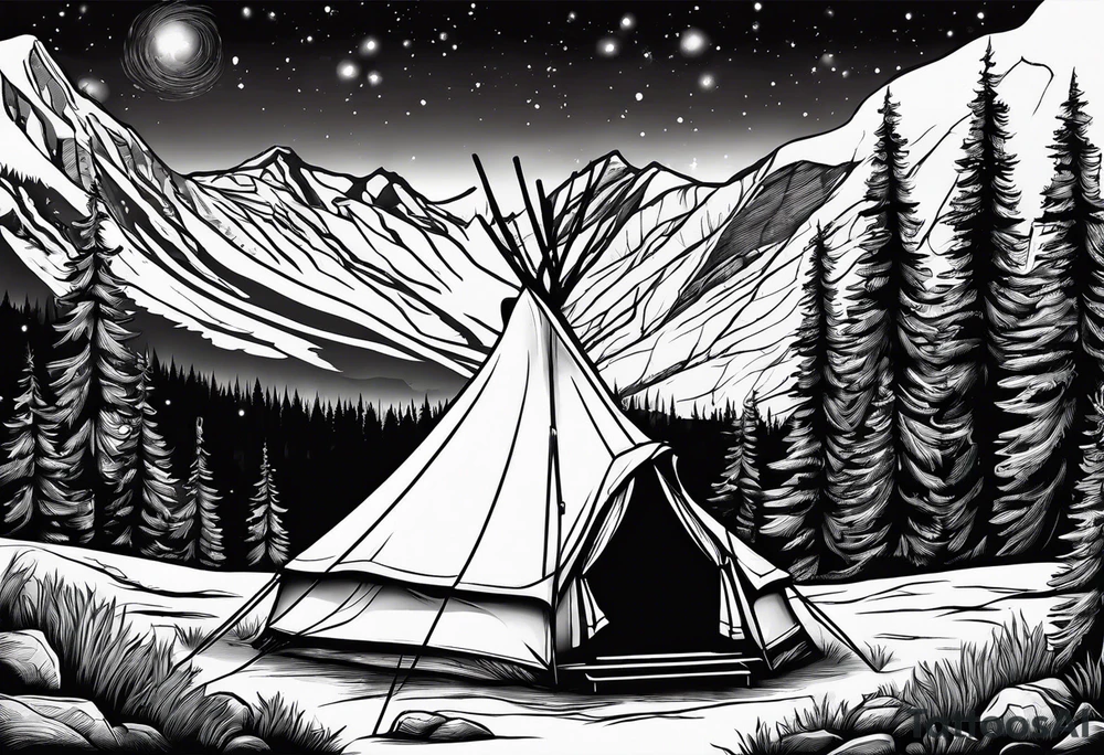 tent and camp fire with stone seating 
forest mountains and the northern lights in the sky tattoo idea