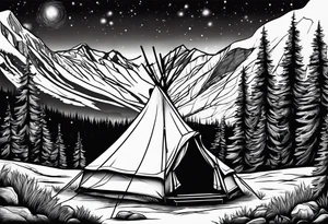 tent and camp fire with stone seating 
forest mountains and the northern lights in the sky tattoo idea