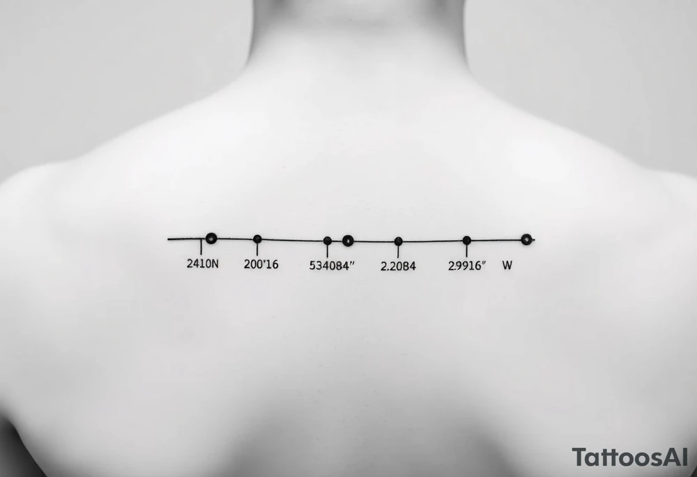 Style: minimalist fine-line  
Layout: horizontal timeline  
Elements:  
- 2 timeline dots  
- Coordinates: "24°10′N, 20°16′E" and "53.4084°N, 2.9916°W" under each dot  
- Small circle markers above each  
- Below line: Morse code — ● — ● ● — ● — ● — — — ● — ● ● ● ● — ● — tattoo idea