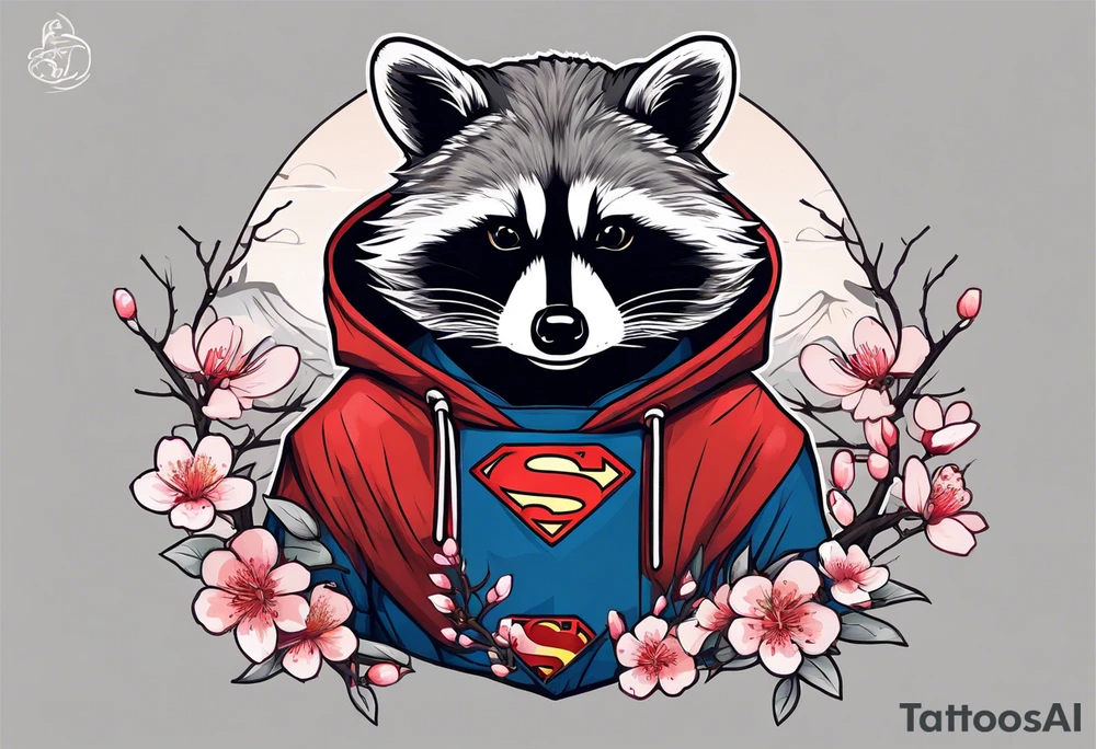 Raccoon wearing a Superman hoodie and Japanese cherry blossoms tattoo idea