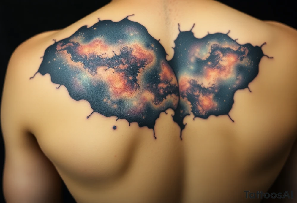Beautiful and epic 3d milky way that appears to be what is beneath the skin. Make it drape over the shoulder and move to the middle back. use negative spaces to create stars and dust. Incorporate God breathing life into the universe. Keep it symmetrical tattoo idea