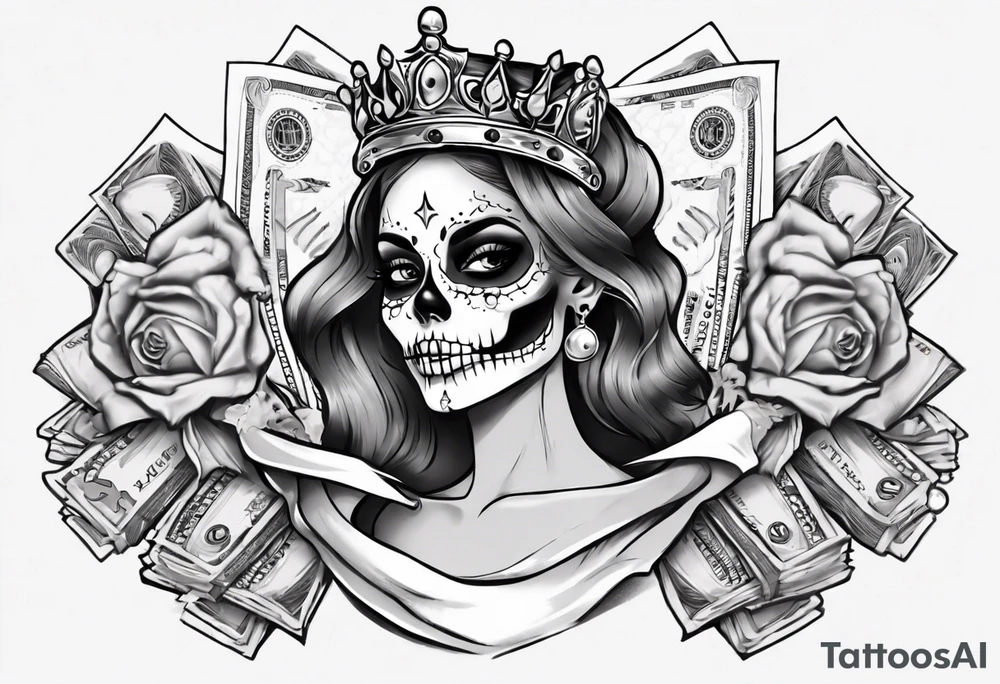 santa la muerta with money and crown
on the card tattoo idea