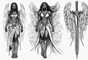 African female valkyre warrior full body angelic
slim long face long braided hair descending from heaven sword & shield tattoo idea