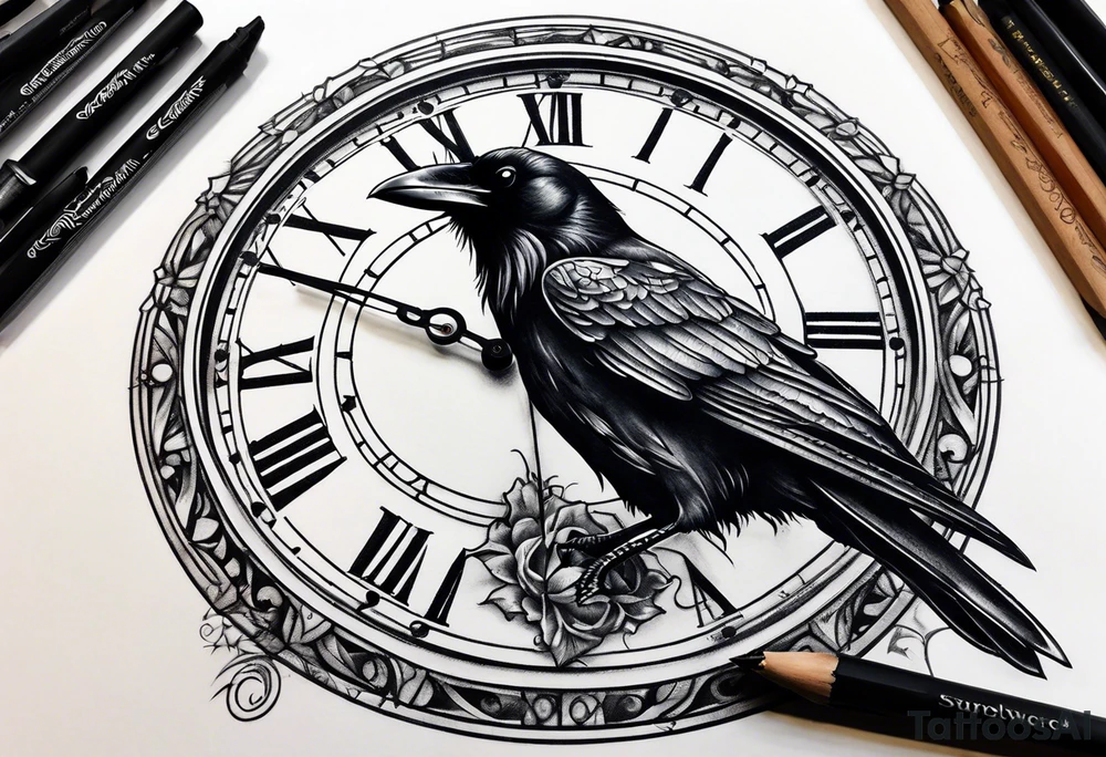 raven perched on clock tattoo idea
