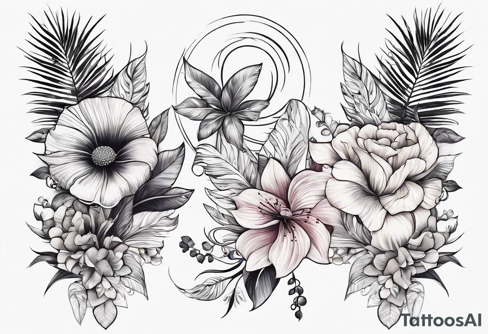 sea, flower, palm, animal tattoo idea