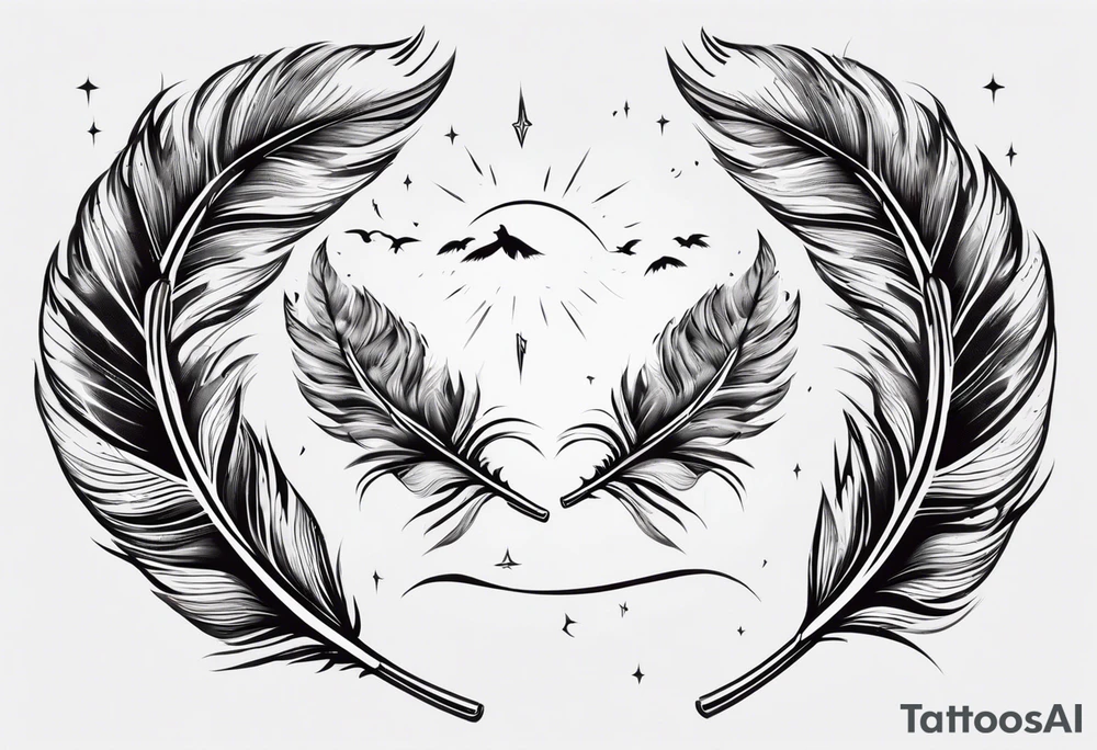 The tattoo begins on the left arm, at the elbow, where feathers are flying under the action of the wind towards the left hand. These feathers share the air space with branches that have leaves, and both elements move together up the left arm. As they approach the shoulder, some lightning appears between them. At this point, the feathers start to converge toward the left chest, where a vortex of energy reveals the head of an owl. The branches converge toward the left side of the back, passing over the shoulder. On the left side of the back, there is a dense, psychedelic element representing the energy of life's creation, with references to the earth, element, and planet. There is also a clay house in this area. tattoo idea