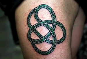 A bold Celtic triskelion in deep emerald green, with intricate knotwork woven into each spiral, symbolizing eternal growth and balance. tattoo idea