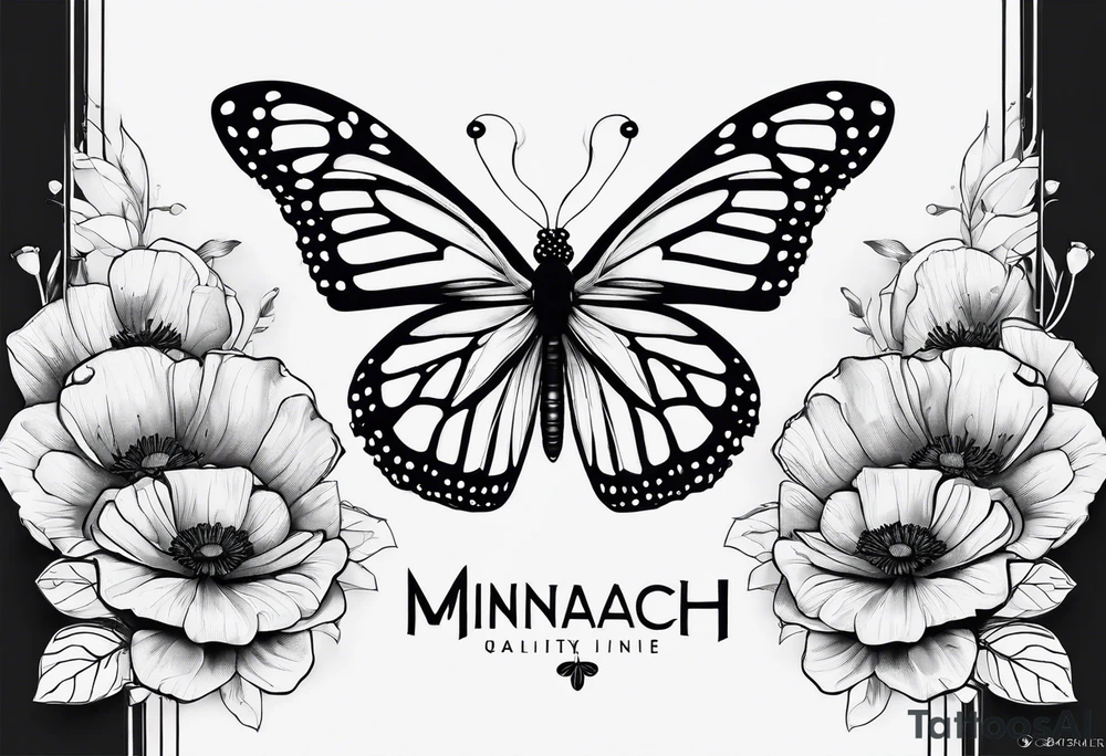 black and white fine line tattoo of a monarch butterfly with poppy flowers exclusively inside the top halves of the wings, featuring minimalistic lines and intricate details, while the bottom halves remain simple. tattoo idea