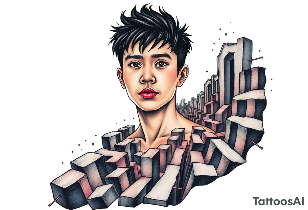 Handsome Asian young guy lost in a scary labyrinth tattoo idea