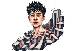 Handsome Asian young guy lost in a scary labyrinth tattoo idea