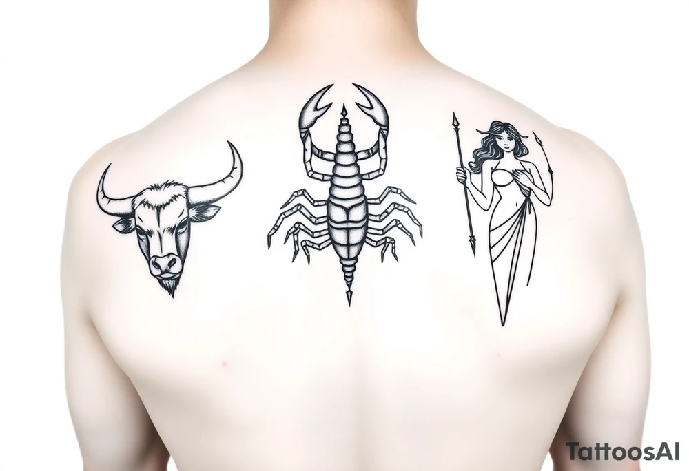 Minimalist tattoo design, featuring three distinct figures: a powerful bull, a stylized scorpion, and a graceful maiden (Virgo), fine line art style, black ink, white background, clean contours, no shading, elegant composition, sophisticated masculine aesthetic, high contrast geometric tattoo idea