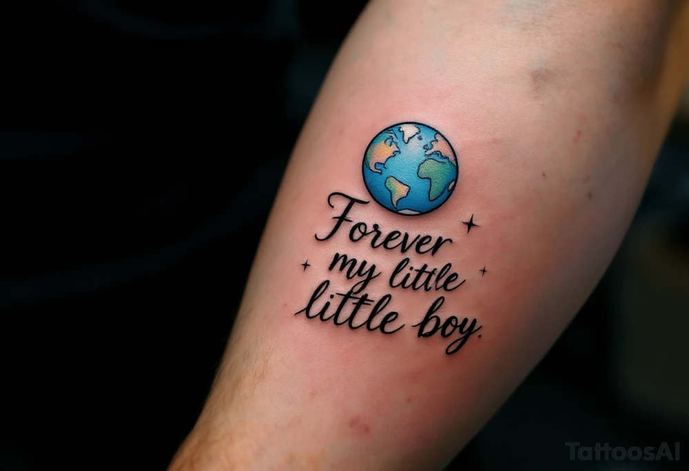 A delicate script quote like “Forever my little boy” with the planet Earth placed above the quote. tattoo idea