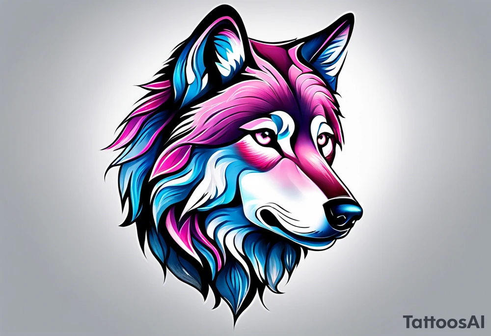 strong wolf gentle eyes one eye blue one eye pink tattoo idea