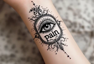 Indian style Henna tattoo for the inner wrist include the word pain and an eye tattoo idea