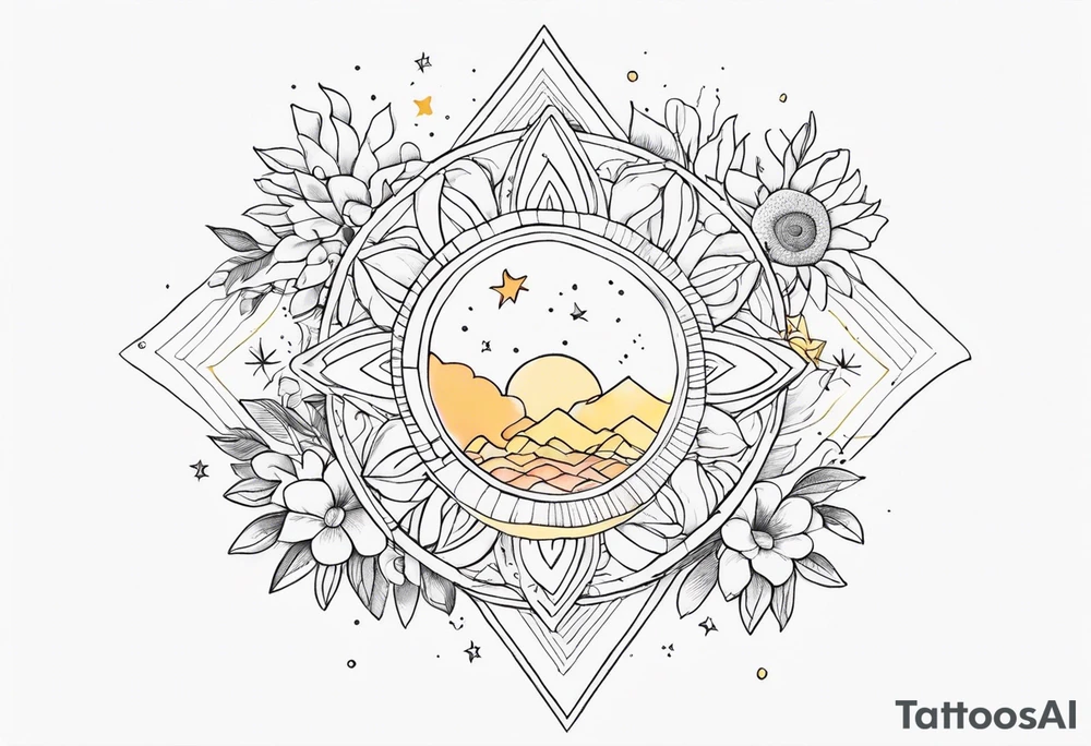 fine line with sun, stars, floral, dots. Sternum tattoo tattoo idea