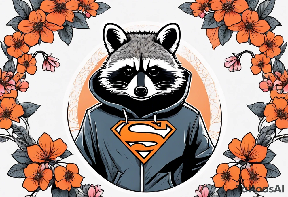 raccoon wearing a Superman hoodie with black and white logo and orange Japanese cherry blossoms tattoo idea