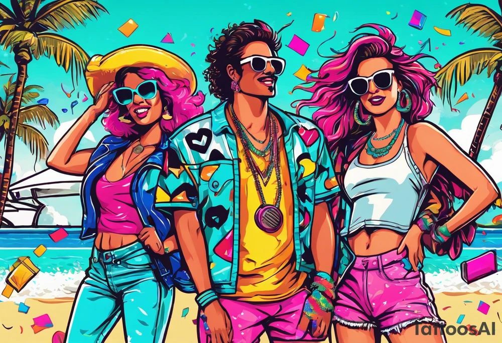1980's style dance party with boom box and confetti in a beach theme. include people in 80's miami beach clothes, music note. tattoo idea