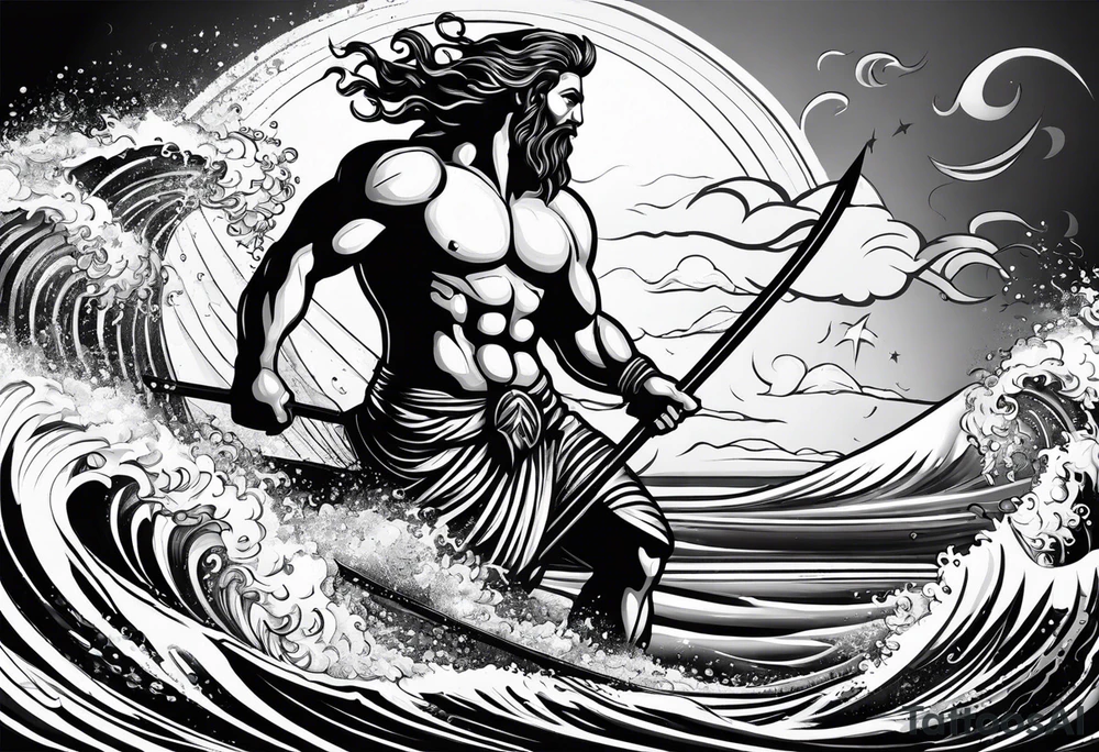 Poseidon im Vordergrund mit Windsurfer und Wellen im Hintergrund tattoo idea