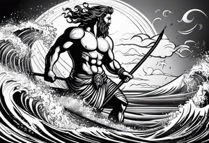 Poseidon im Vordergrund mit Windsurfer und Wellen im Hintergrund tattoo idea