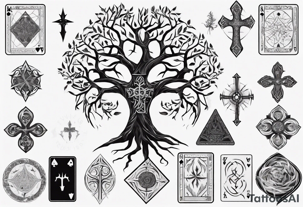 White Tree of Gondor, Geometric symbols, Viking cross, playing cards, flowers tattoo idea
