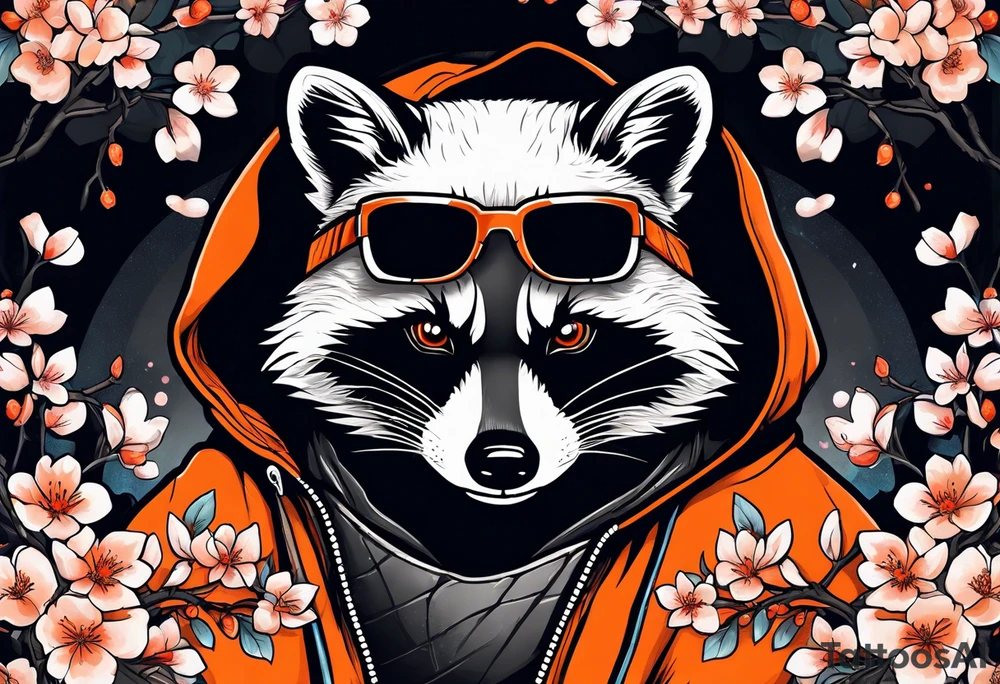Raccoon wearing a white Superman logo on a black hoodie and orange Japanese cherry blossoms tattoo idea