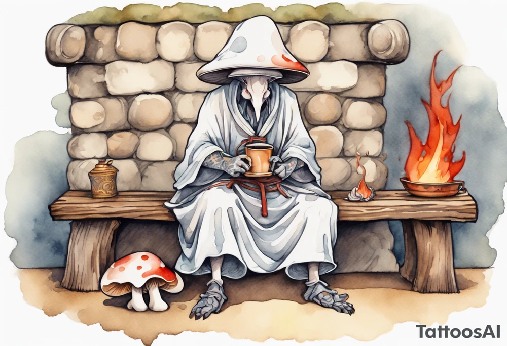 a mushroom-creature wearing a  medieval tunic sitting on a bench by a fireplace drinking from a wood cup, happy tattoo idea