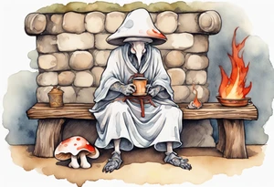 a mushroom-creature wearing a  medieval tunic sitting on a bench by a fireplace drinking from a wood cup, happy tattoo idea