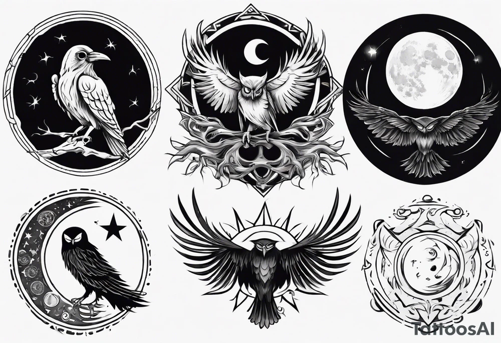 Raven on the left with the Sun. Owl on the right with Moon. Mystic. Dark Demonic Energy. tattoo idea