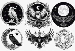 Raven on the left with the Sun. Owl on the right with Moon. Mystic. Dark Demonic Energy. tattoo idea