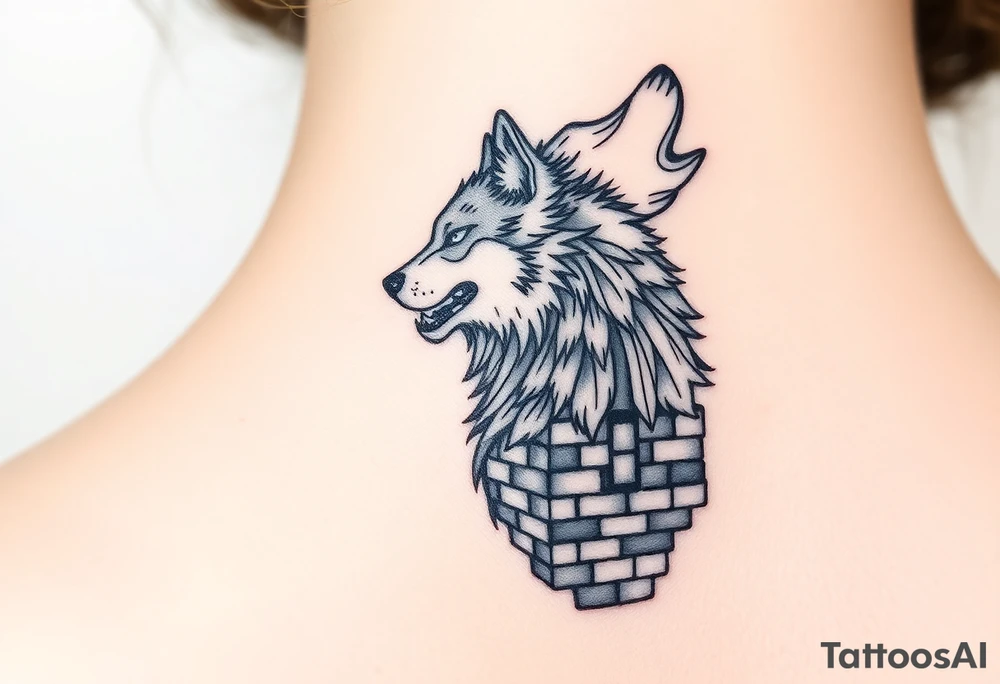 Big  wolf  blowing down   a brick house tattoo idea