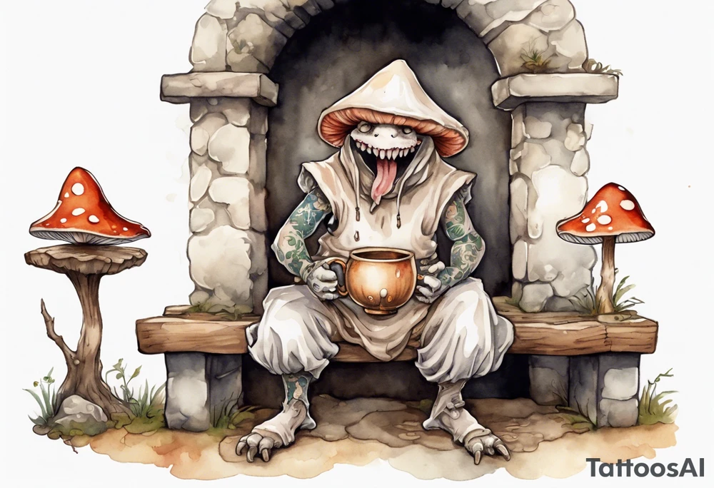 a mushroom-creature wearing a  medieval tunic sitting on a bench by a fireplace drinking from a wood cup, laughing tattoo idea