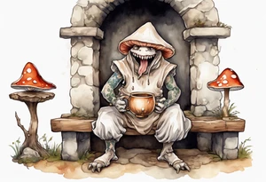 a mushroom-creature wearing a  medieval tunic sitting on a bench by a fireplace drinking from a wood cup, laughing tattoo idea