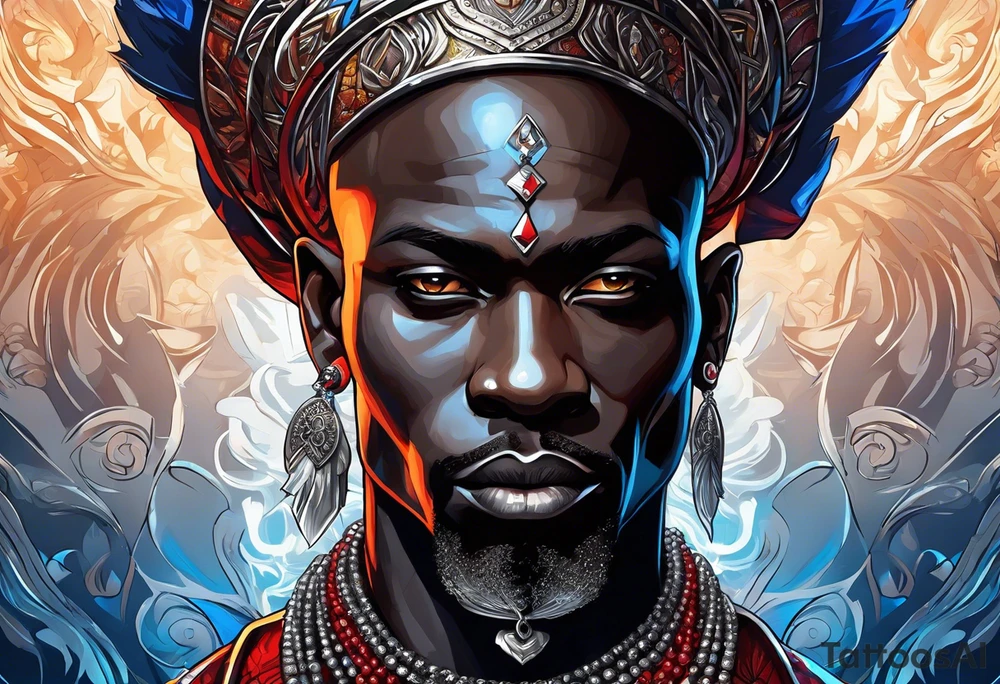 An african god, a bald black-skinned warrior, that uses a sword and a silver crown. He also uses blue and red necklaces tattoo idea