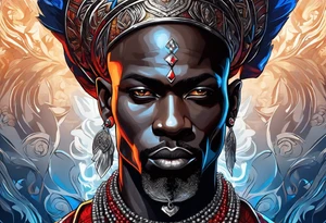 An african god, a bald black-skinned warrior, that uses a sword and a silver crown. He also uses blue and red necklaces tattoo idea