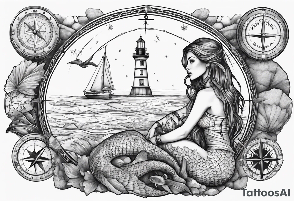 Mermaid sitting on a lighthouse’s rock, vessel, a compass, a nautical chart tattoo idea