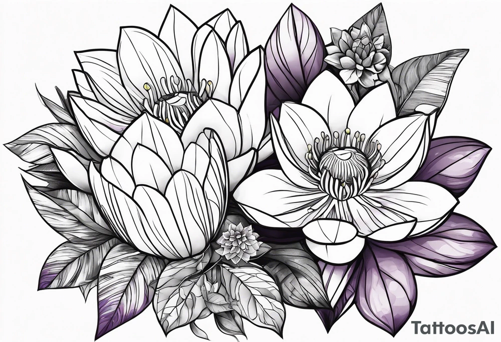 single flower bouquet with 1 violet, 1 water lilly, and 1 holly tattoo idea