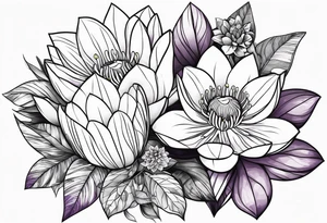 single flower bouquet with 1 violet, 1 water lilly, and 1 holly tattoo idea