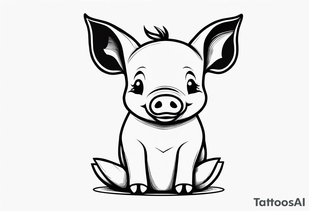 cute piglet sitting on bum. thin lines minimal shading, black and white only, text 'friends not food', white background tattoo idea