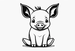 cute piglet sitting on bum. thin lines minimal shading, black and white only, text 'friends not food', white background tattoo idea