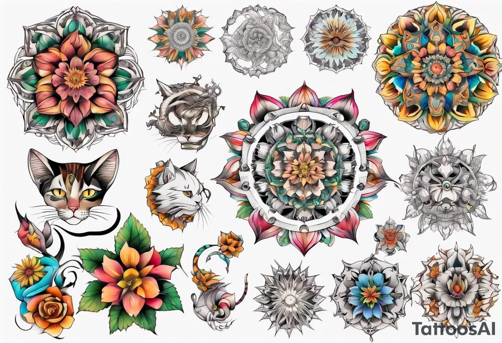 Fineline Cat colored flowers mandala tattoo idea