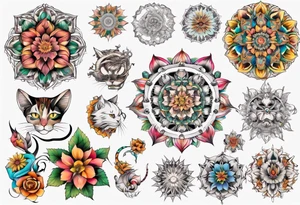 Fineline Cat colored flowers mandala tattoo idea