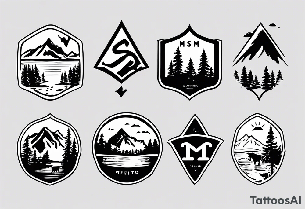 A logo for an outdoors company that includes an "S" and an "M". Includes a mountain, a lake, some trees, and a cow tattoo idea