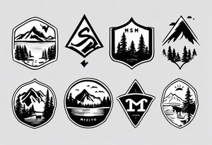 A logo for an outdoors company that includes an "S" and an "M". Includes a mountain, a lake, some trees, and a cow tattoo idea