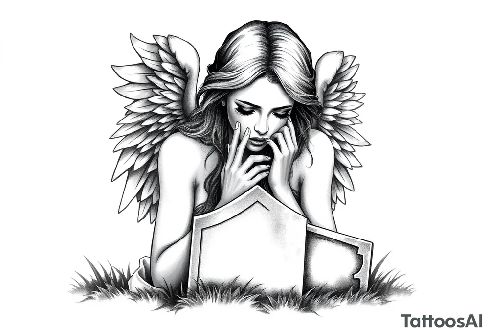 Beautiful woman angel crying over a tombstone tattoo idea