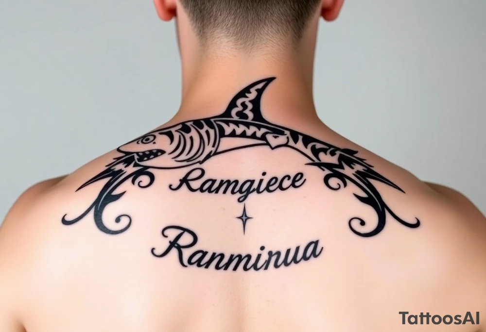 hammerhead shark with Rangiroa text on the back tattoo idea