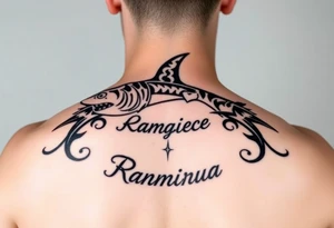 hammerhead shark with Rangiroa text on the back tattoo idea