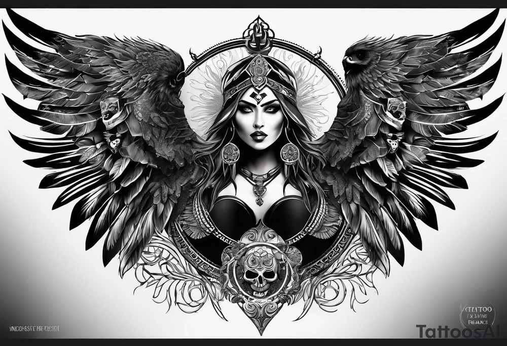 black kali, goddess pirate, alien, pachamama, valkrye, warrior, skull, lotus azul, wing, eagle, zenza resonance, stars, one side chest tattoo idea
